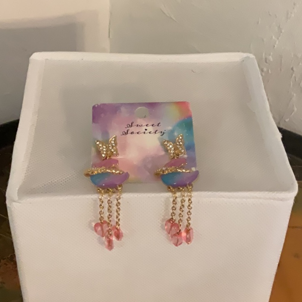 Sale! Sweet Society Butterfly Moon + Heart Earrings, Gold Tone,  NWT